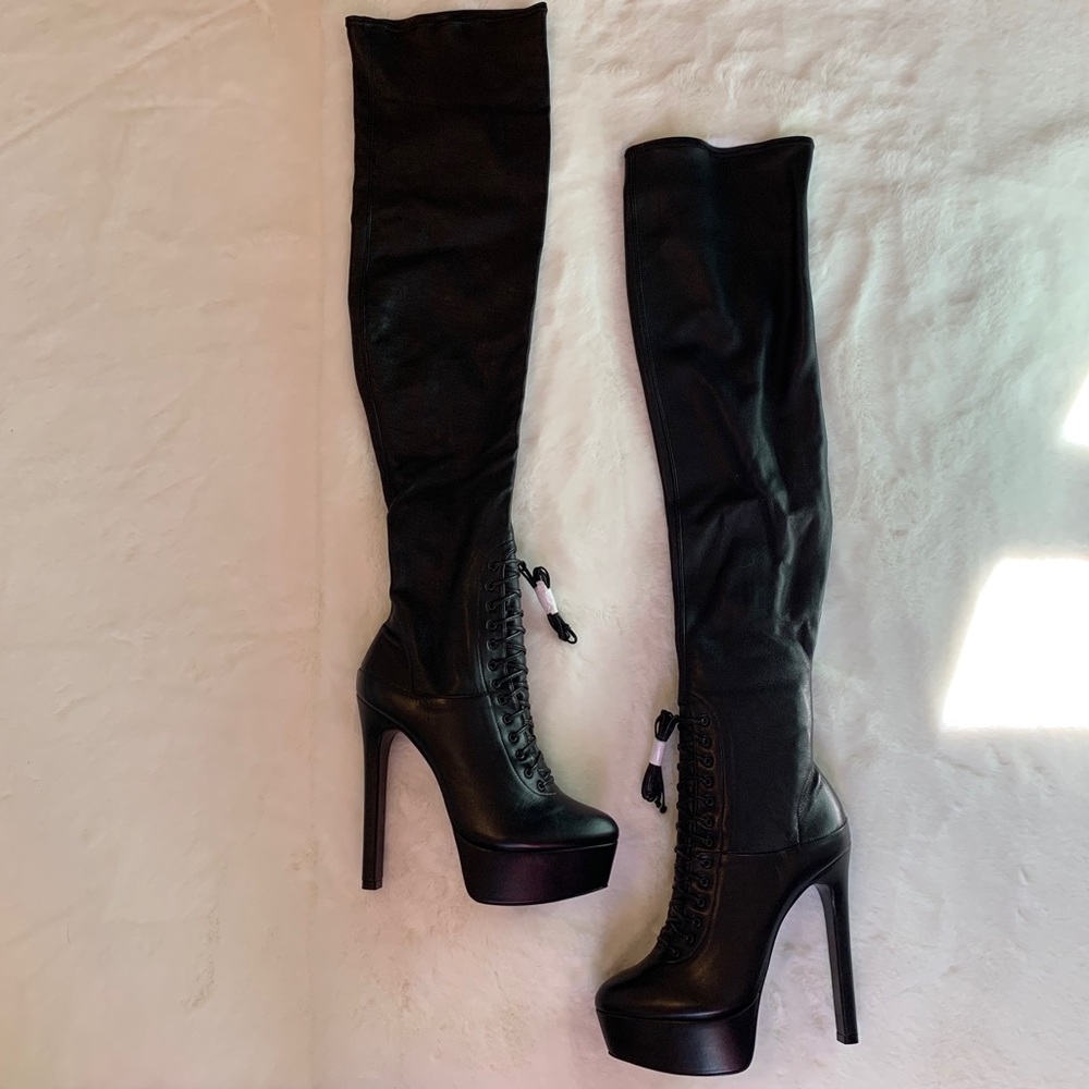 Black Leather Thigh High Stiletto Boots By Ruthie Davis - Picture 6 of 8